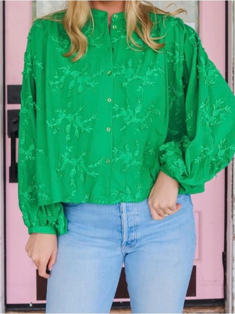 Green Embroidered Button-Front Women’s Blouse